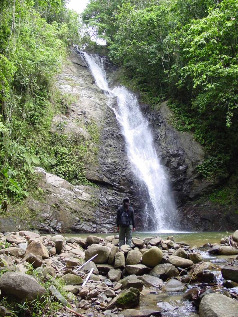A woman looking up at the waterfall in Fiji during a tourist tour.