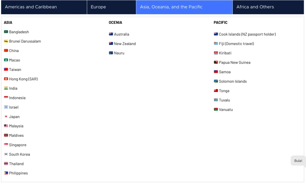List-of-visa-exempt-countries-for-travelling-to-fiji-from-China, Japan, Hong Kong, South Korea, Singapore, Asia-Australia-New Zealand-and-pacific-countries