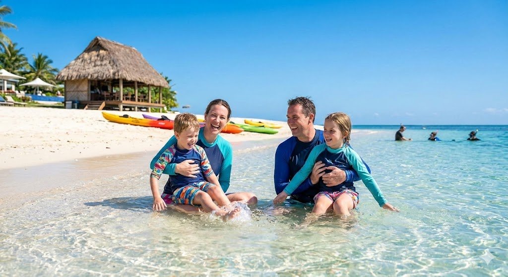 a family on a holiday in fiji playing on the beach
